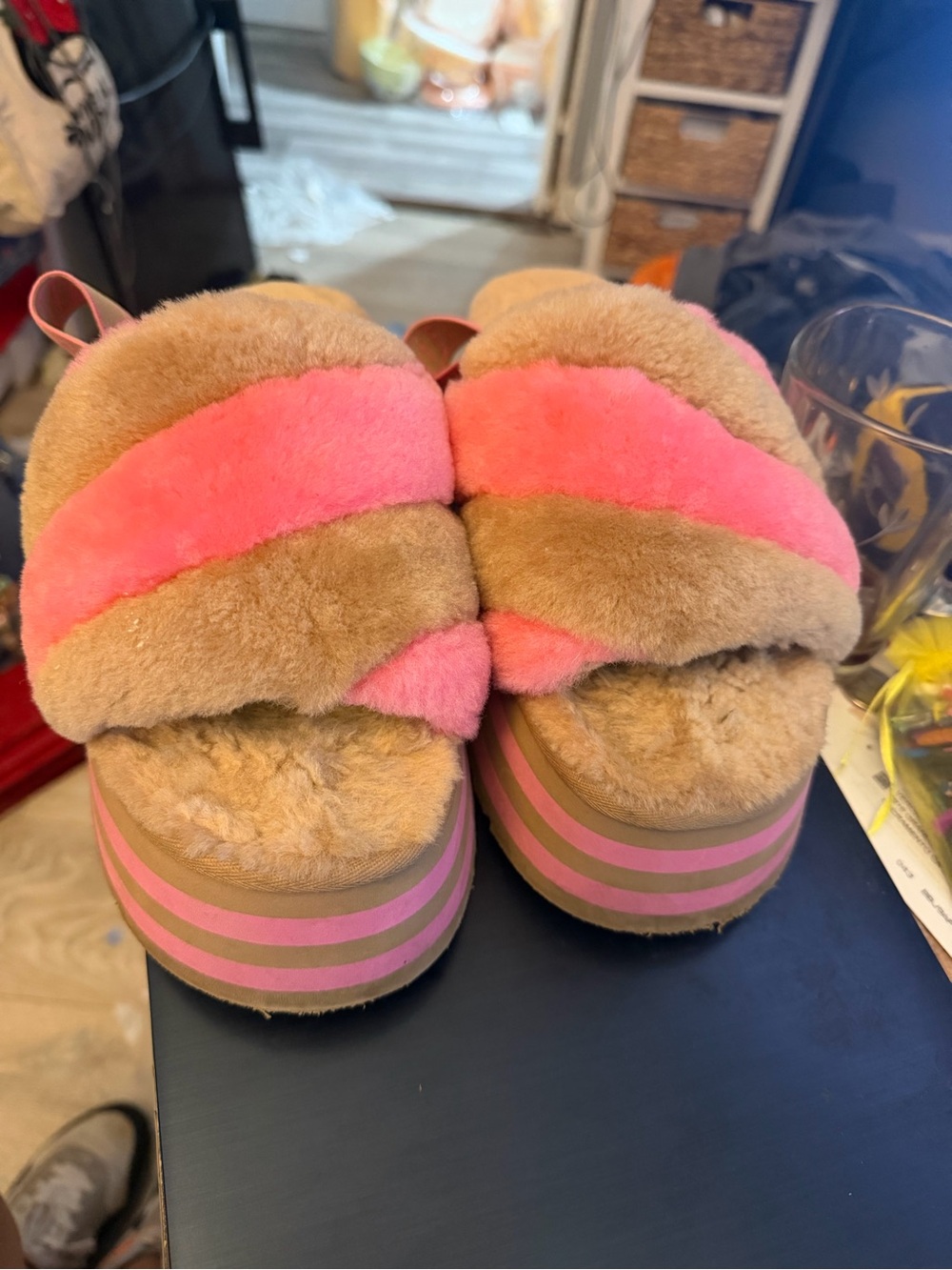 UGG Pink and Tan Fuzzy Slide Sandals